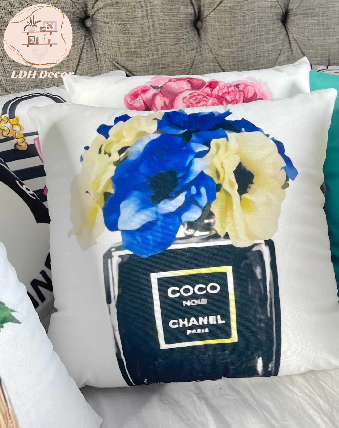 Blue COCO Chanel Inspired Throw Pillow