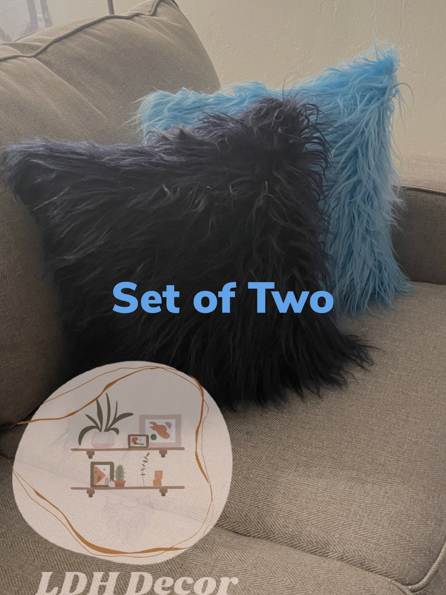 Navy Blue & Sky Blue Faux Fur Pillow Set