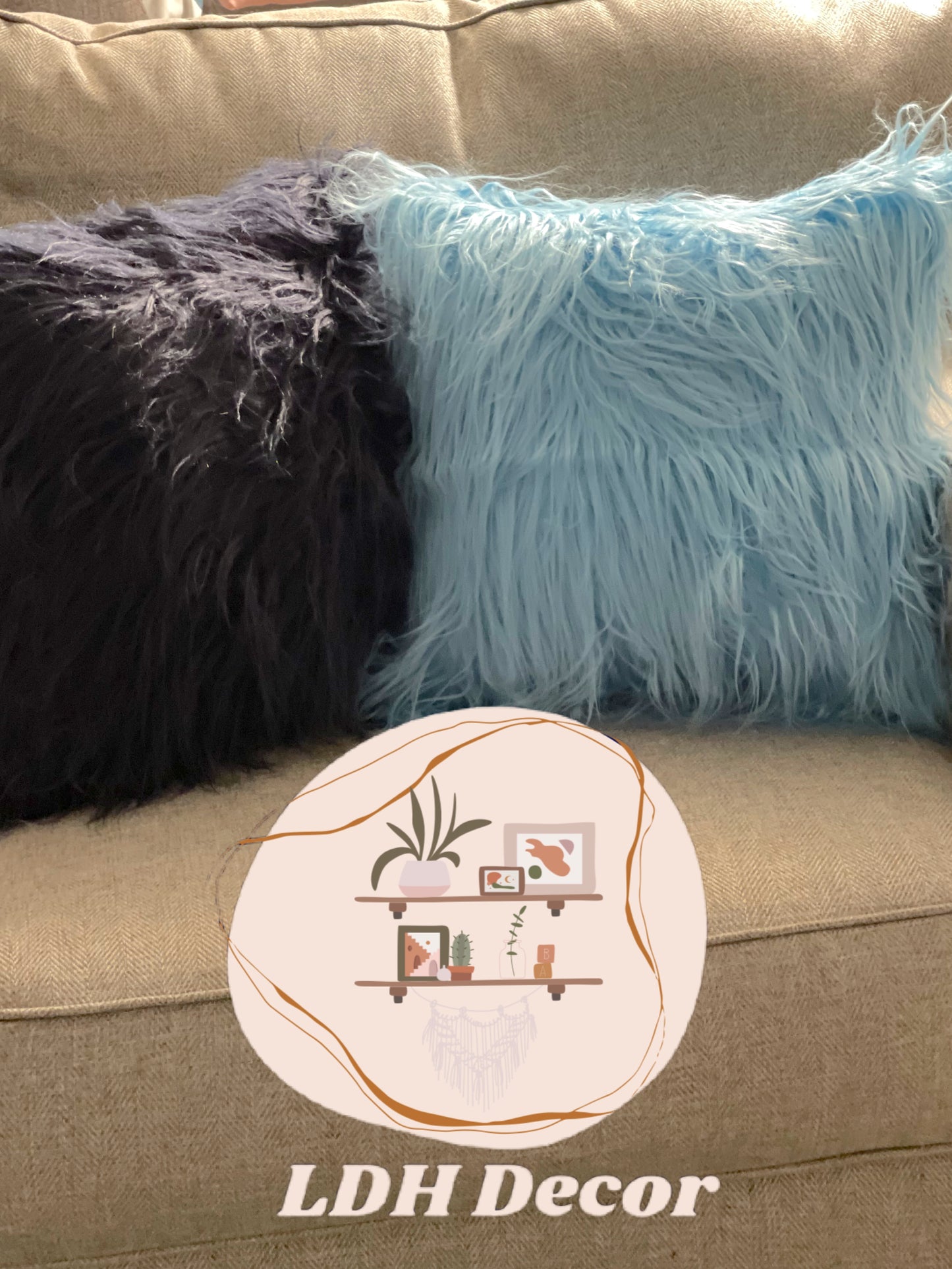 Navy Blue & Sky Blue Faux Fur Pillow Set