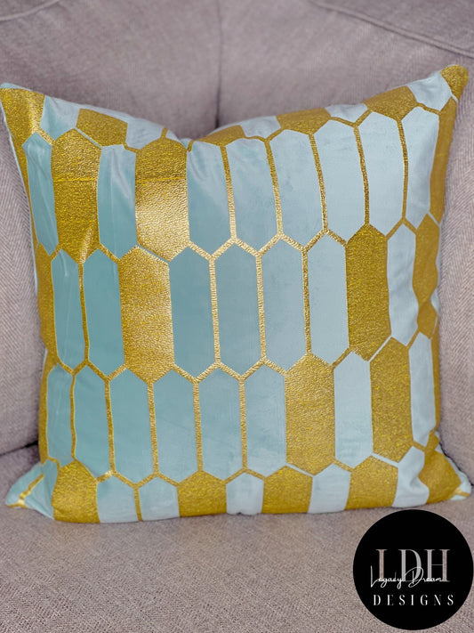 Sky Blue & Gold Glam Throw Pillow