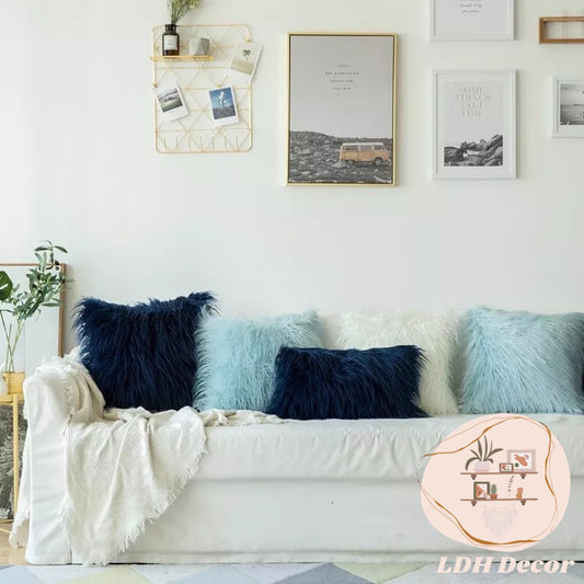 Navy Blue & Sky Blue Faux Fur Pillow Set