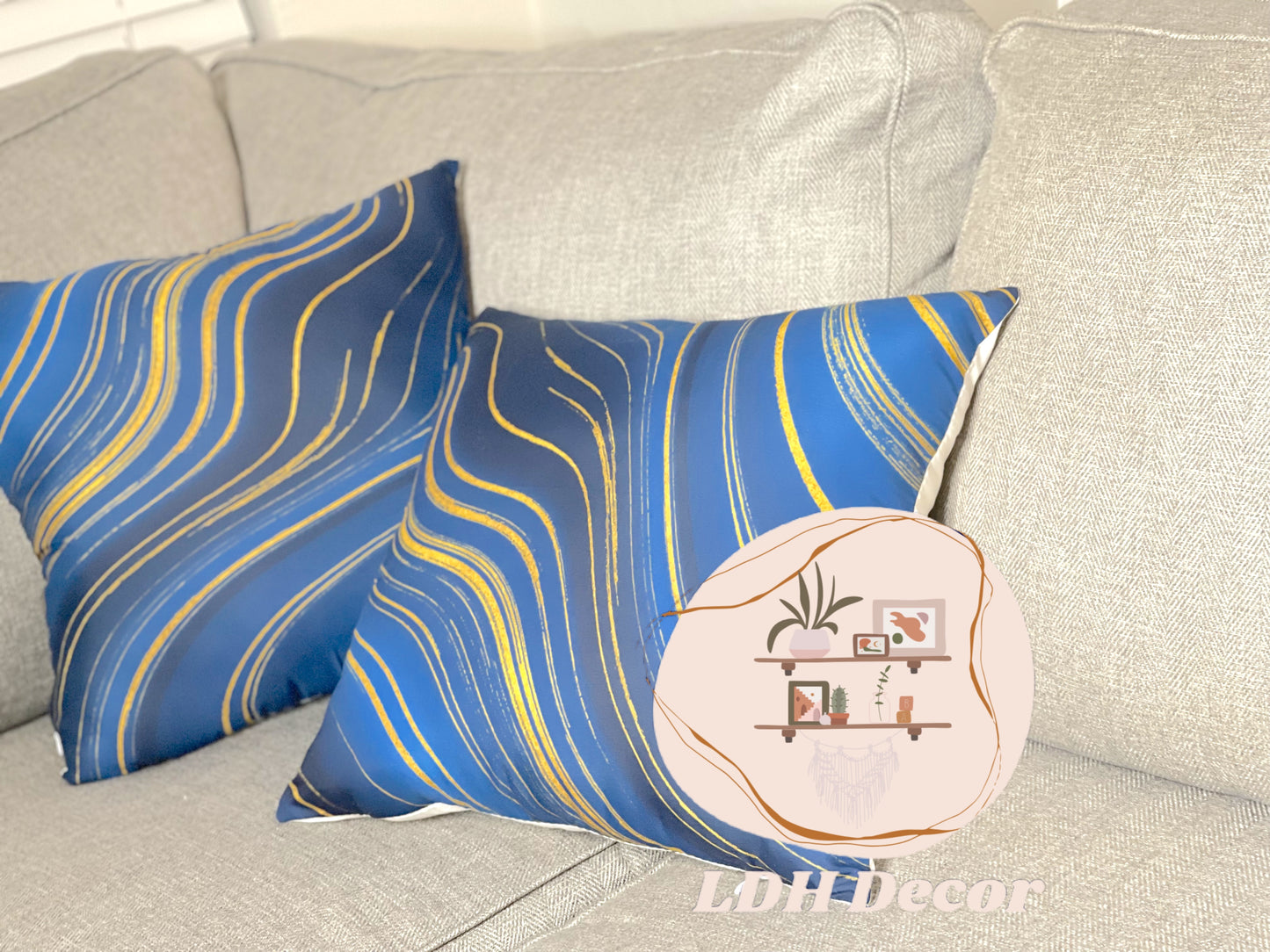 Linear Blue and Gold Abstract Pillow